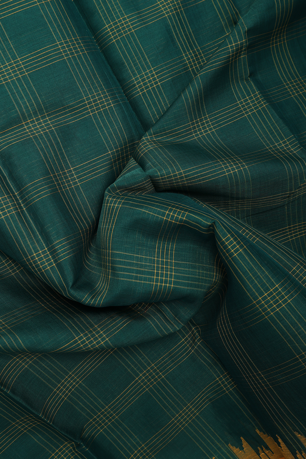 Gadwal Silk Cotton Saree In Forest Green With Checks Design