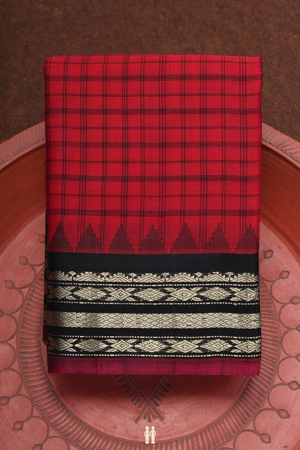 Gadwal Silk Cotton Saree In Red With Checks Design