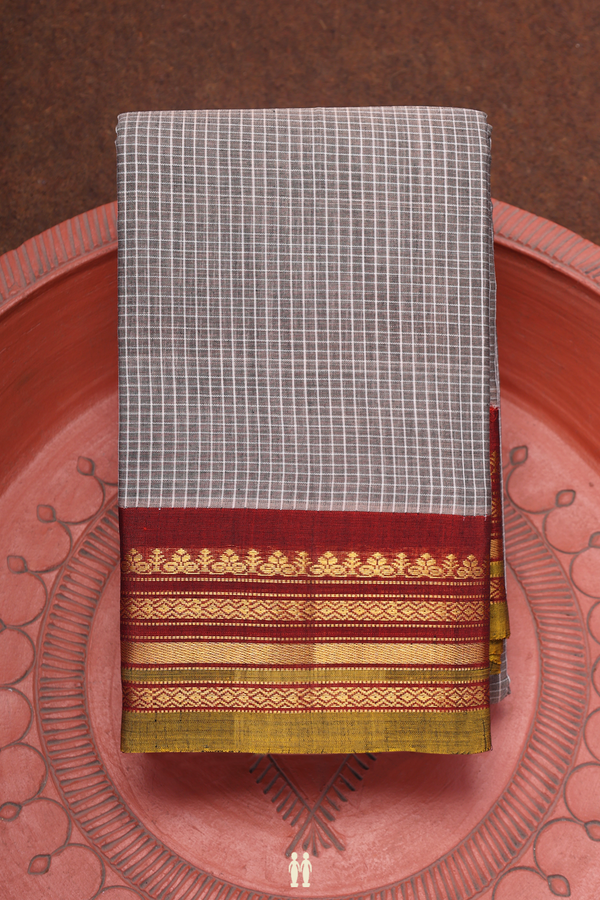 Gadwal Cotton Saree In Oxford Brown With Checks Design