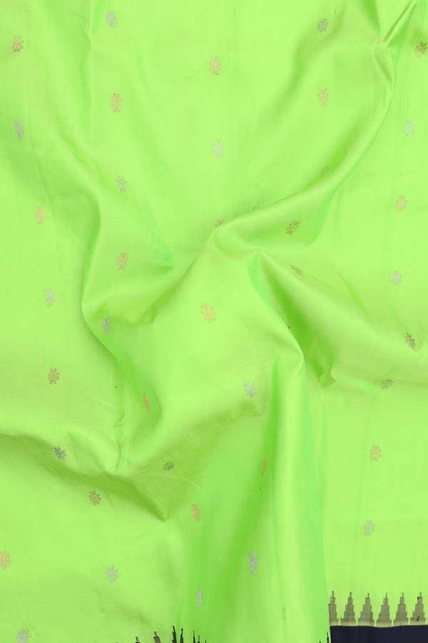 Gadwal Silk Saree In Lime Green With Floral Buttas