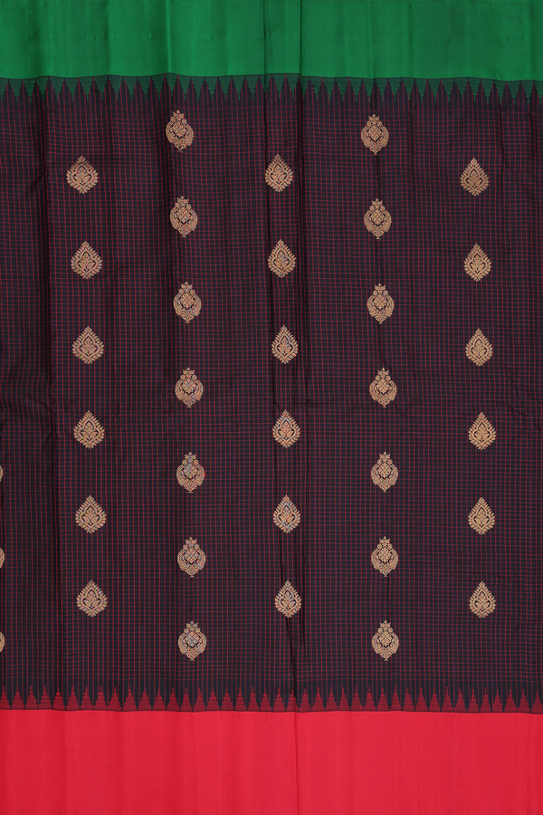 Gadwal Silk Saree In Black Along Checks With Buttas