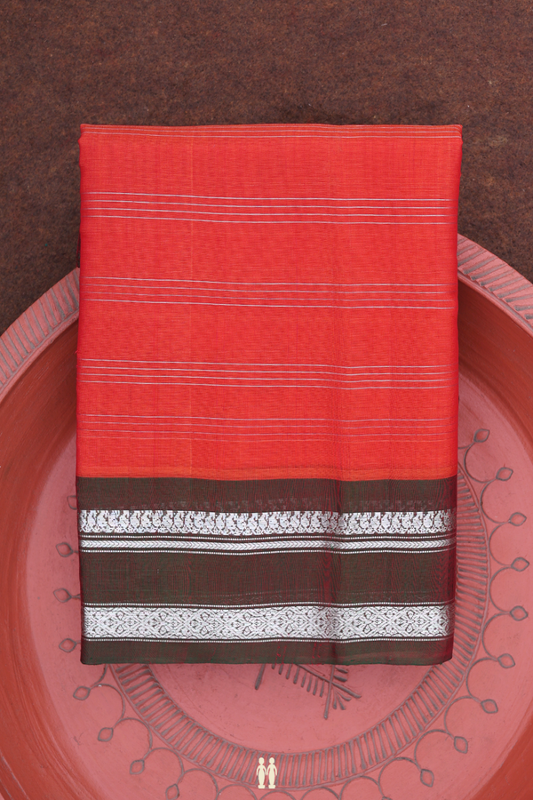 Gadwal Cotton Saree In Reddish Orange With Stripes Design