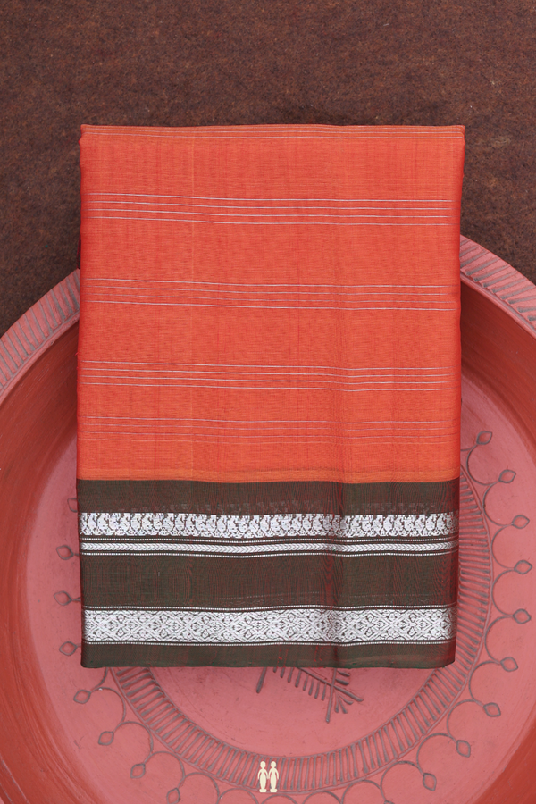Gadwal Cotton Saree In Reddish Orange With Stripes Design