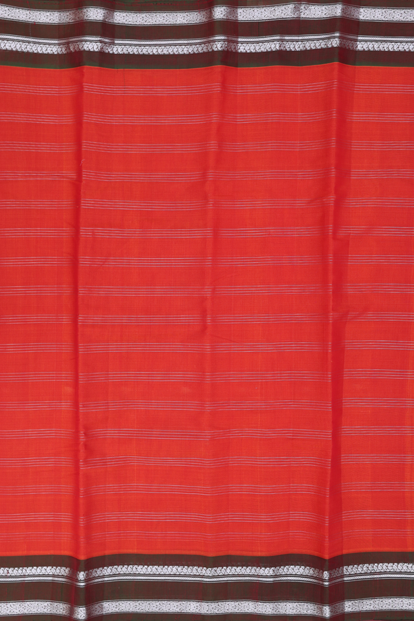 Gadwal Cotton Saree In Reddish Orange With Stripes Design