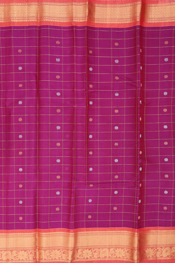 Gadwal Silk Cotton Saree In Berry Purple With Checks Design