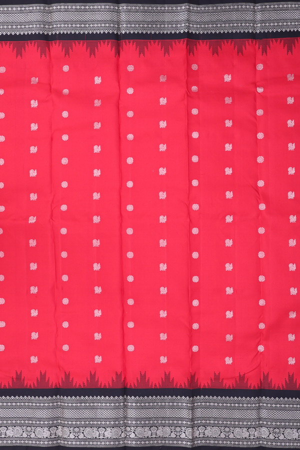 Gadwal Silk Saree In Scarlet Red With Peacock Buttas