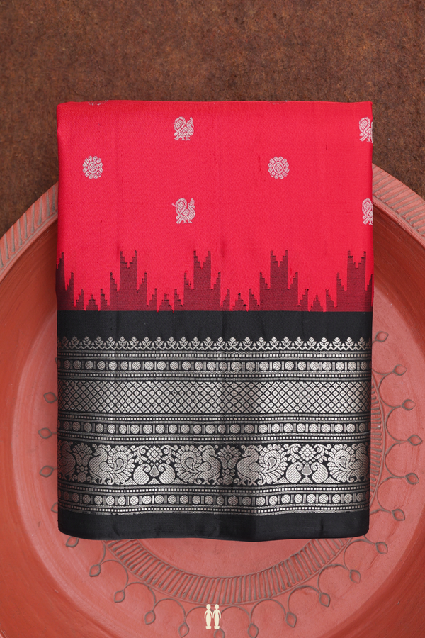 Gadwal Silk Saree In Scarlet Red With Peacock Buttas