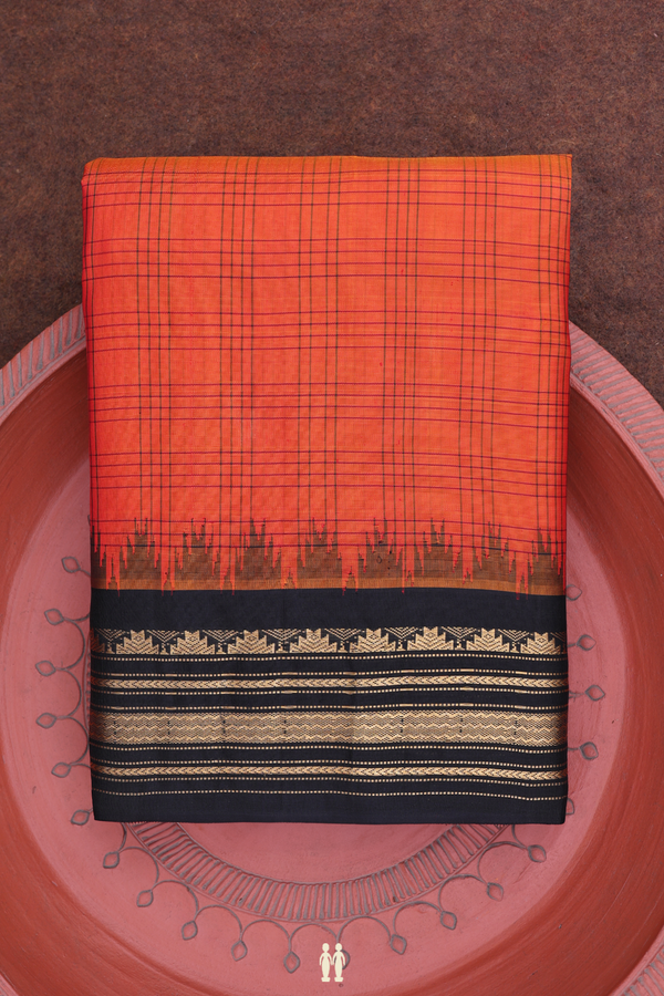 Gadwal Silk Saree In Spiced Orange With Checks Design