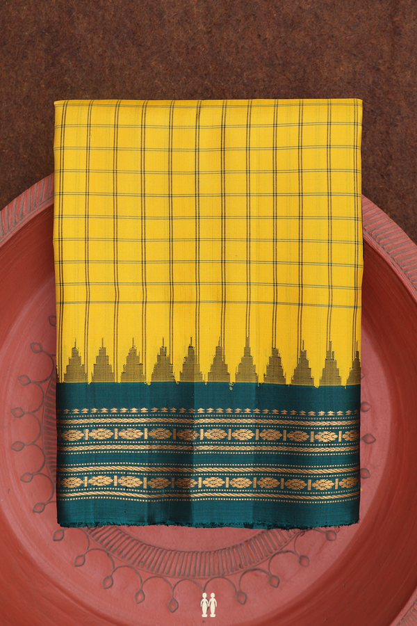 Gadwal Silk Saree In Saffron Yellow With Checks Design