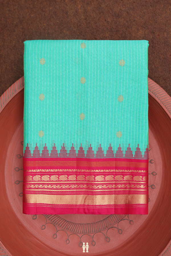 Gadwal Silk Cotton Saree In Seafoam Green With Stripes Design