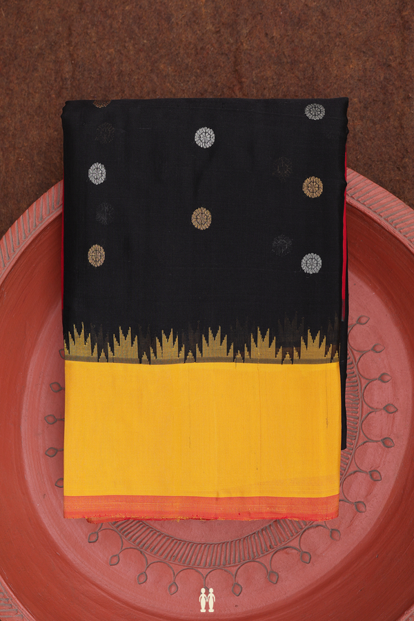 Gadwal Silk Cotton Saree In Black With Chakram Buttas