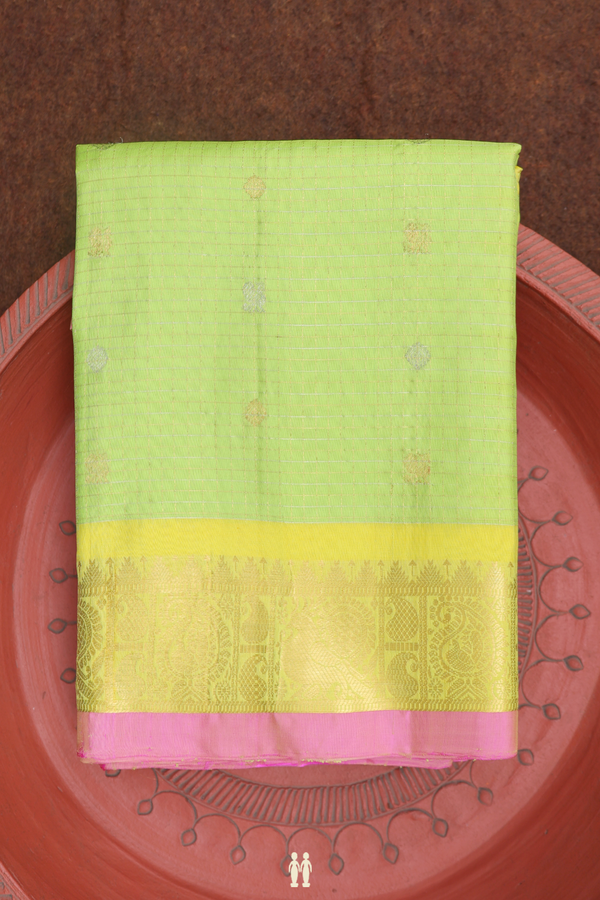 Gadwal Silk Saree In Pear Green Along Checks With Buttas