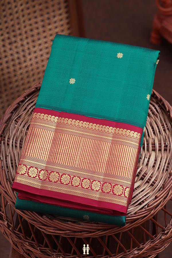 Kanchipuram Silk Saree In Teal Green With Floral Buttas