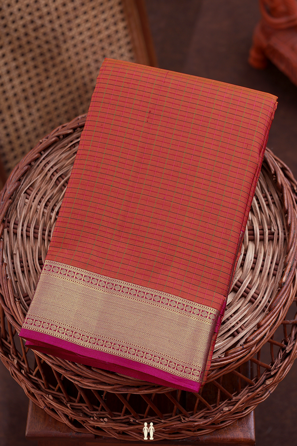 Kanchipuram Silk Saree In Rust Orange With Checks Design