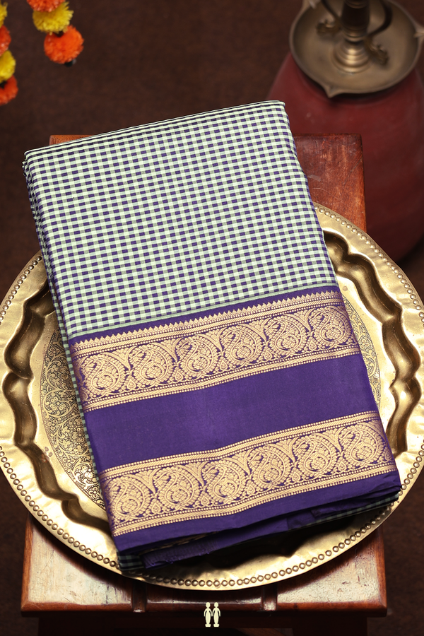 Kanchipuram Silk Saree In Green And Purple With Checks Design
