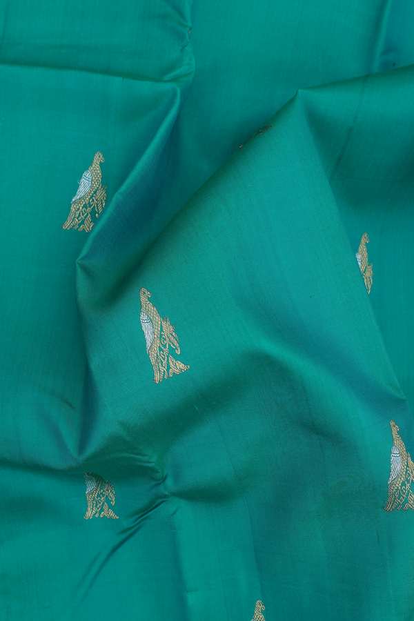 Kanchipuram Silk Saree In Green With Parrot Buttas