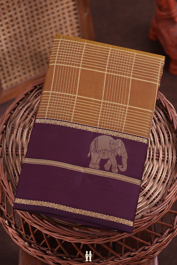 Kanchipuram Silk Saree In Golden Brown With Checks Design