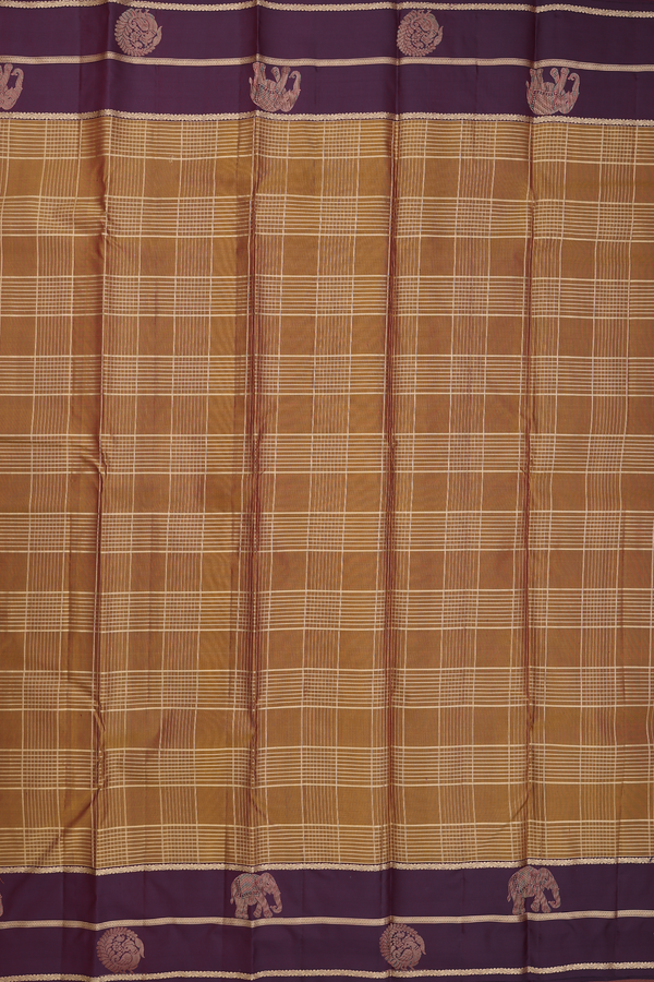 Kanchipuram Silk Saree In Golden Brown With Checks Design
