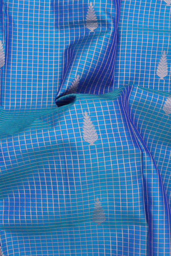 Kanchipuram Silk Saree In Cerulean Blue With Checks Design