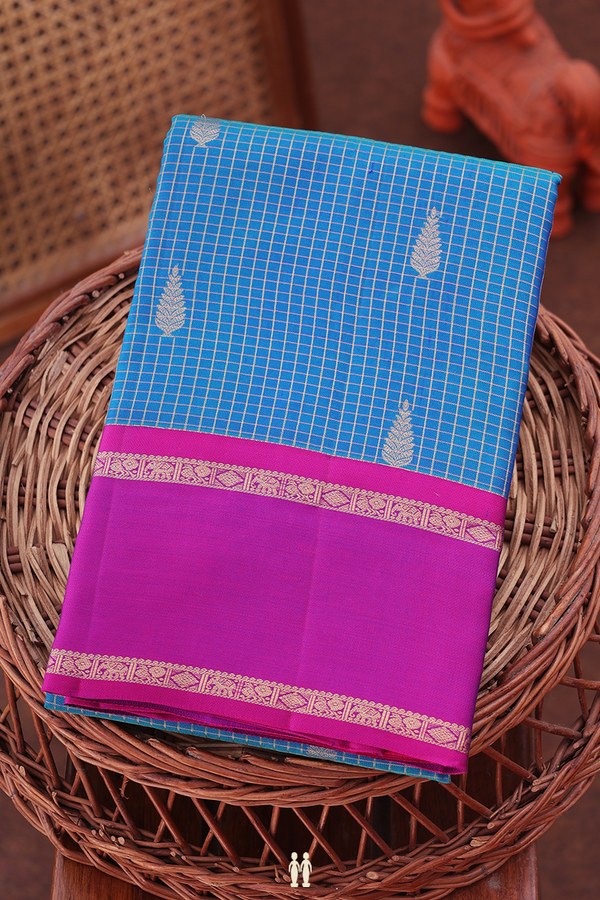 Kanchipuram Silk Saree In Cerulean Blue With Checks Design