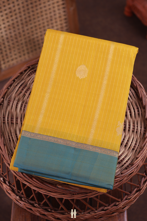 Kanchipuram Silk Saree In Royal Yellow With Stripes Design