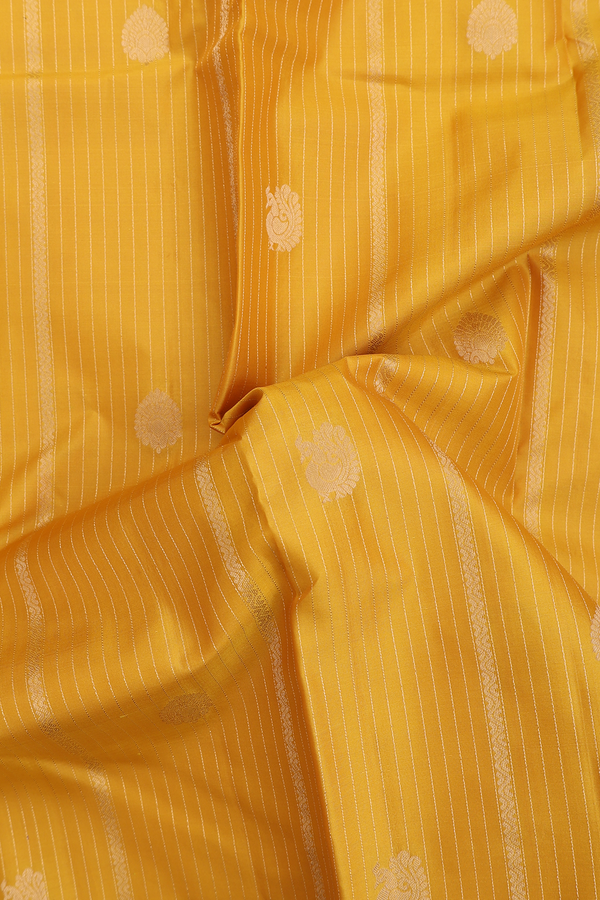 Kanchipuram Silk Saree In Royal Yellow With Stripes Design
