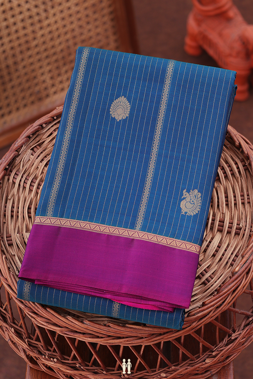Kanchipuram Silk Saree In Blue Along Stripes With Buttas