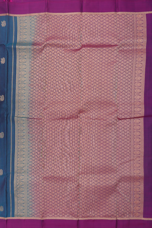Kanchipuram Silk Saree In Blue Along Stripes With Buttas