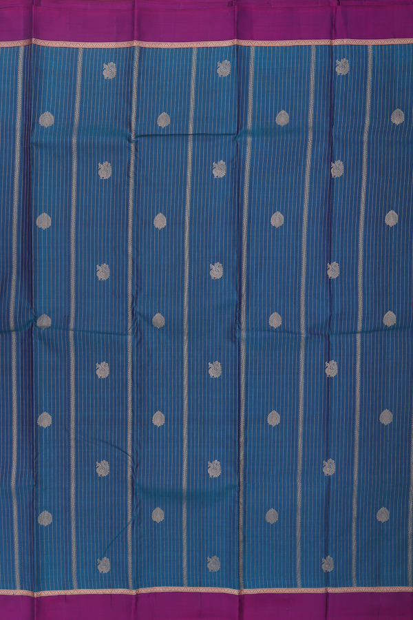 Kanchipuram Silk Saree In Blue Along Stripes With Buttas