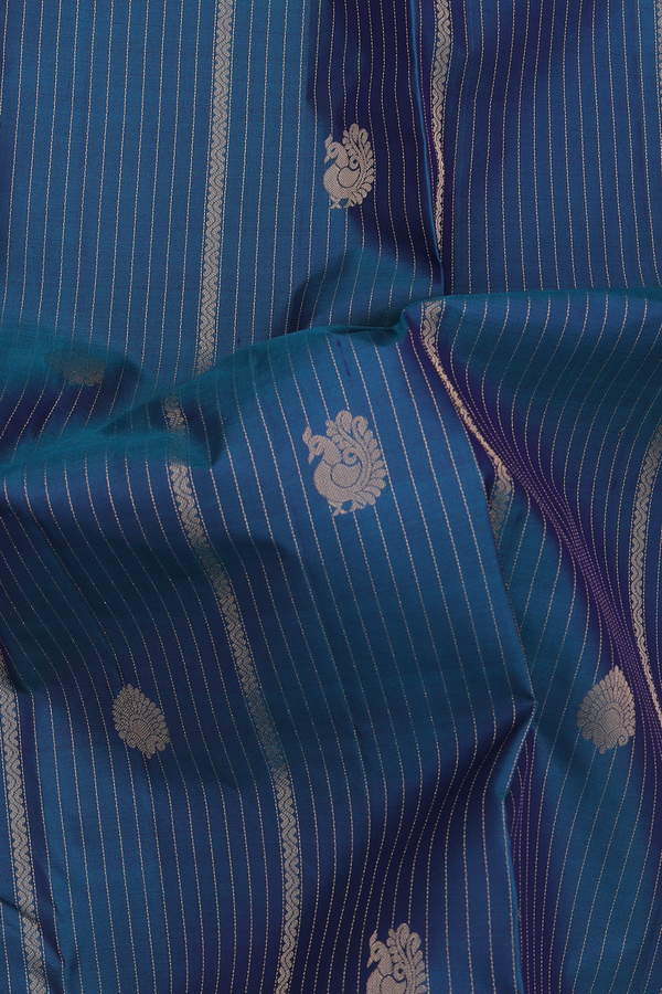 Kanchipuram Silk Saree In Blue Along Stripes With Buttas