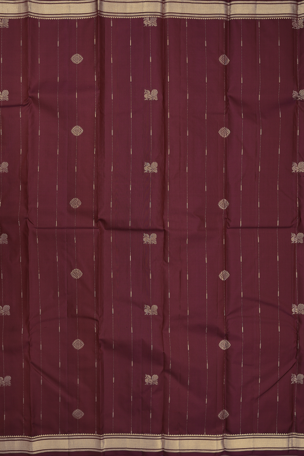 Kanchipuram Silk Saree In Maroon Along Stripes With Buttas