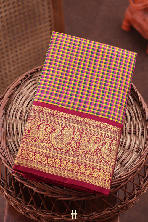 Kanchipuram Silk Saree In Multicolor With Checks Design