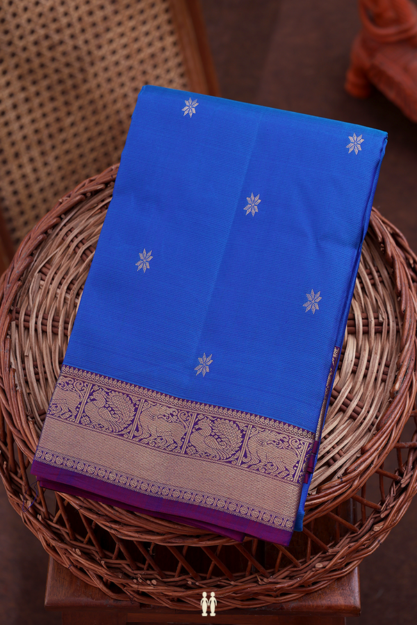 Kanchipuram Silk Saree In Cobalt Blue With Floral Buttas