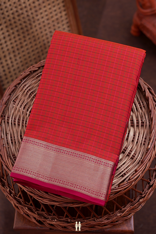 Kanchipuram Silk Saree In Rust Orange With Checks Design