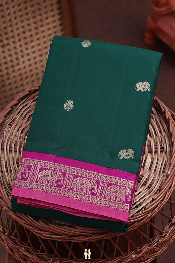 Kanchipuram Silk Saree In Dark Green With Elephant Buttas
