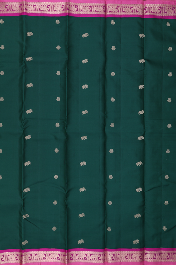 Kanchipuram Silk Saree In Dark Green With Elephant Buttas