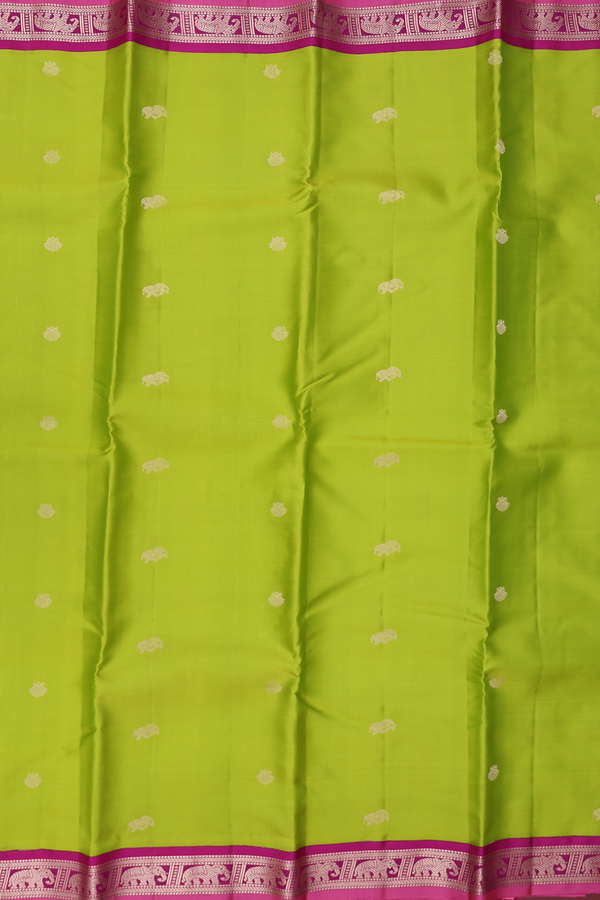 Kanchipuram Silk Saree In Lime Green With Elephant Buttas