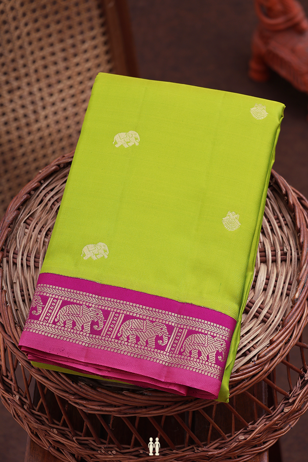 Kanchipuram Silk Saree In Lime Green With Elephant Buttas