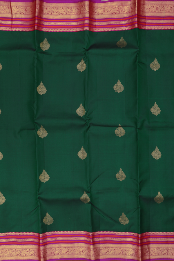 Kanchipuram Silk Saree In Forest Green With Peacock Buttas