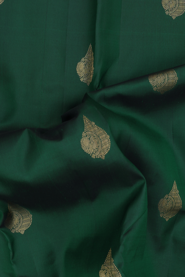 Kanchipuram Silk Saree In Forest Green With Peacock Buttas