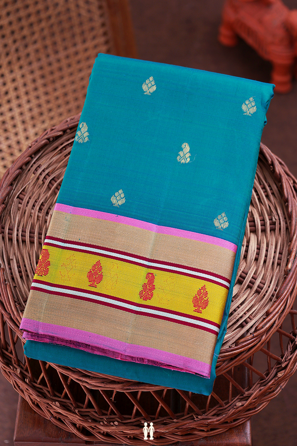 Kanchipuram Silk Saree In Teal Blue With Zari Buttas