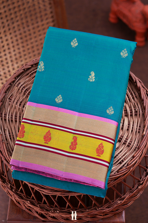 Kanchipuram Silk Saree In Teal Blue With Zari Buttas