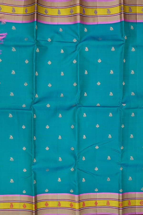 Kanchipuram Silk Saree In Teal Blue With Zari Buttas