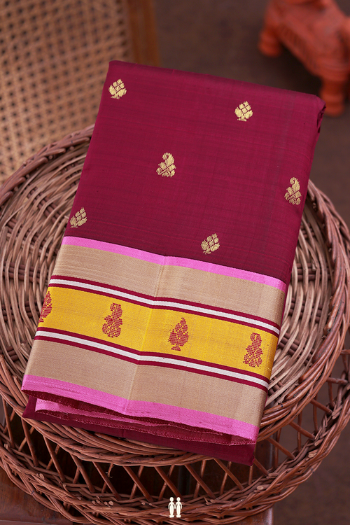 Kanchipuram Silk Saree In Burgundy Red With Zari Buttas