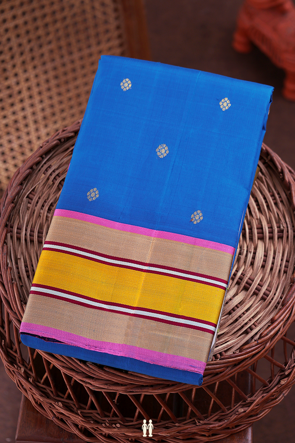 Kanchipuram Silk Saree In Cerulean Blue With Zari Buttas