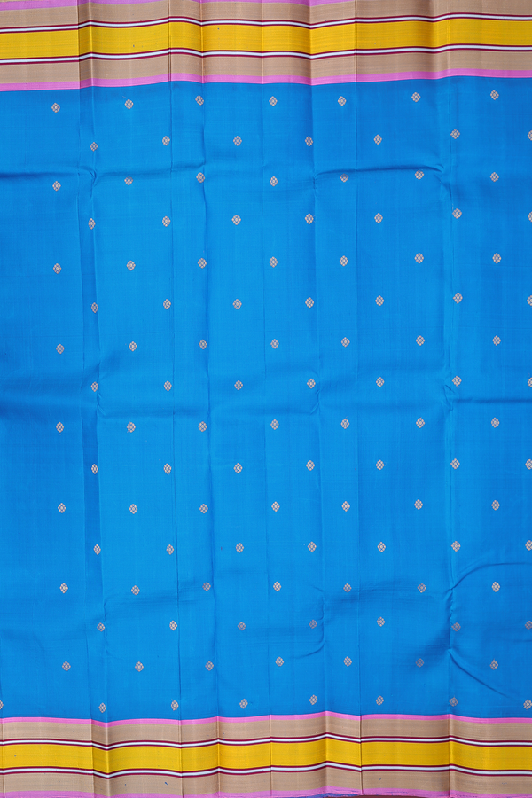 Kanchipuram Silk Saree In Cerulean Blue With Zari Buttas