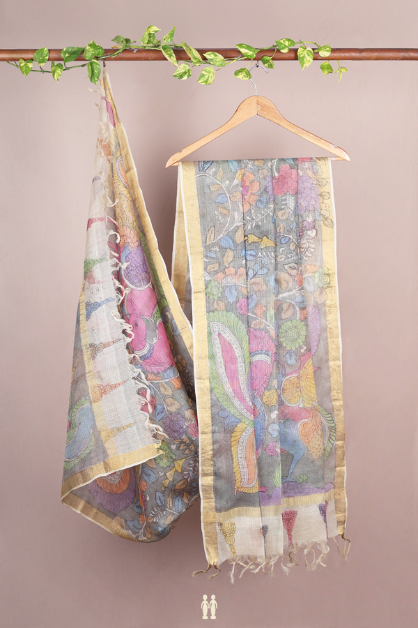 Floral Hand Painted Design Grey Kota Silk Dupatta