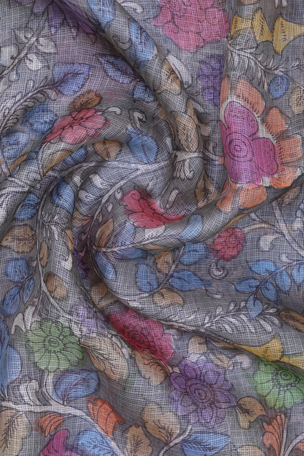 Floral Hand Painted Design Grey Kota Silk Dupatta