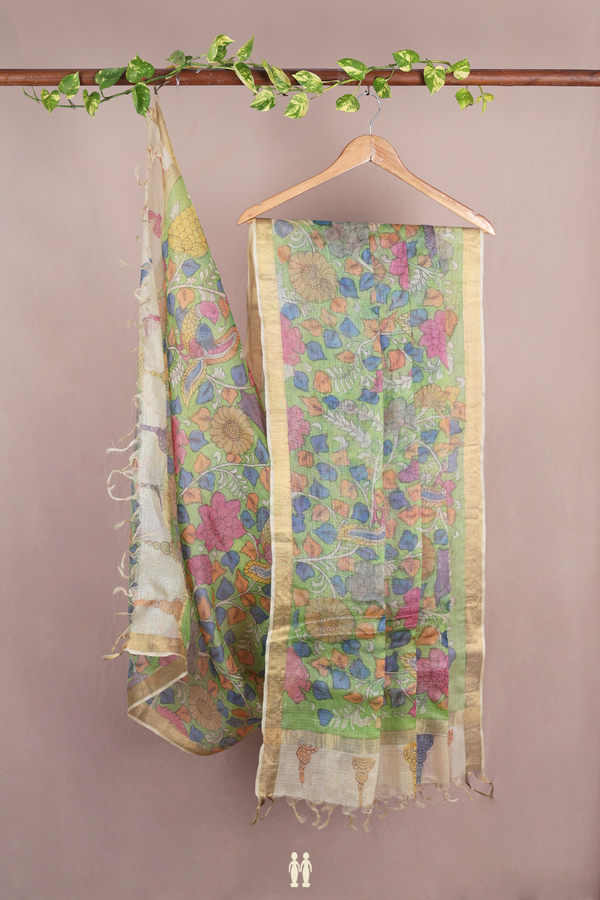 Floral Hand Painted Design Green Kota Silk Dupatta