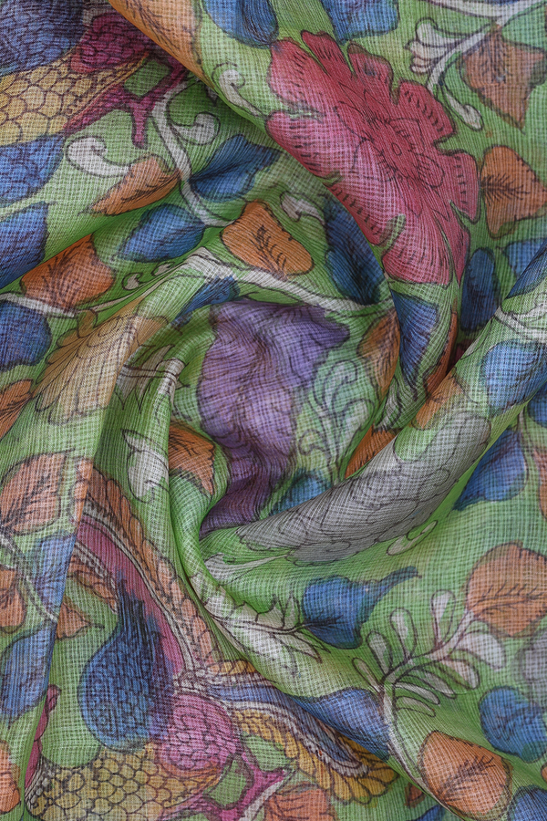 Floral Hand Painted Design Green Kota Silk Dupatta
